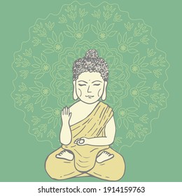 buddha in lotus pose with blessing art vector illustration with mandala