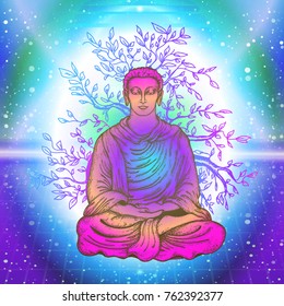 Buddha in a lotus pose. Buddhism art. Meditation symbol, yoga, spirituality, religious 
