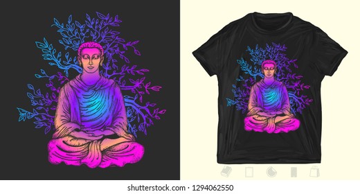 Buddha in lotus pose. Print for t-shirts and another, trendy apparel design. Buddhism art. Meditation symbol, yoga, spirituality, religious 