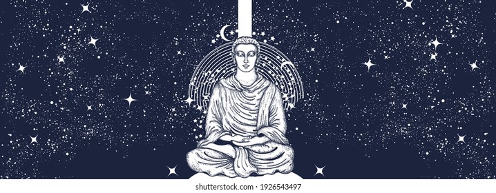 Buddha in lotus pose. Yoga in universe. Meditation banner. Symbol of secret knowledge, harmony of soul and body, wisdom, religion. Black and white surreal graphic 