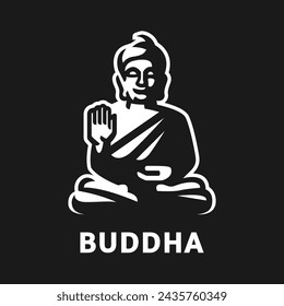 Buddha in the lotus position, logo on a dark background.