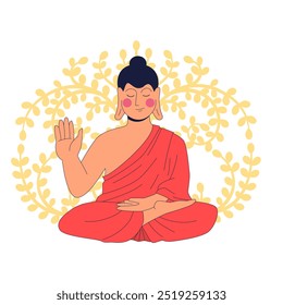 Buda em posição de lótus meditando mostrando Abhaya mudra de gesto de proteção com árvore da vida em segundo plano. Conceito de iluminação e pureza espiritual