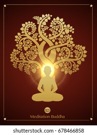 Buddha meditate and Bodhi tree color of thai tradition, symbol image used in Buddhism.