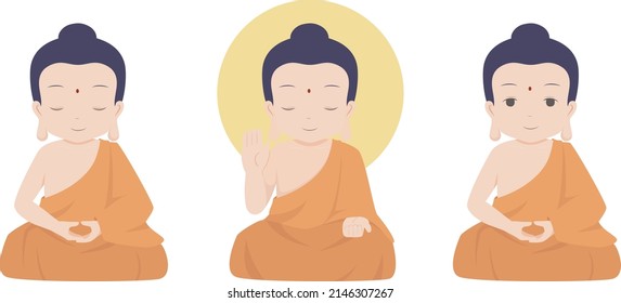 Buddha meditate posture with different gesture. Flat style vector illustration.