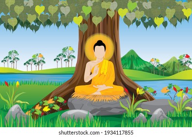 Der Buddha meditierte unter dem Bodhi-Baum-Vektordesign