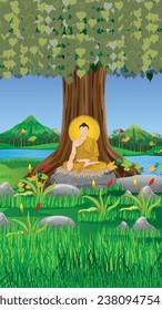 The Buddha meditated under the Bodhi tree vector design