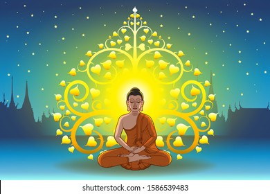 Buddha meditating with abstract Bodhi tree and temple at midnight