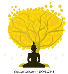 Buddha meditating amidst a serene under big trees.Budhism vector illustration symbol.