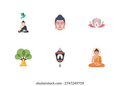 Buddha meditating, lotus, lantern, bird, face, tree symbols