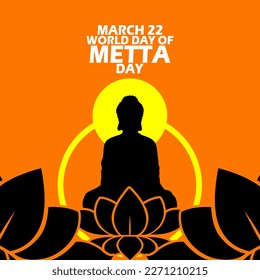 A Buddha meditating on a lotus flower with its holy light and bold text on an orange background to commemorate World Day of Metta on March 22