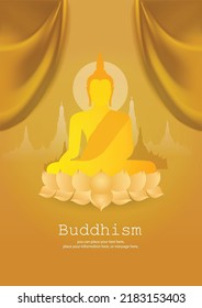 Buddha meditating on lotus flowers vector illustration - Magha Puja, Asanha Puja, Vesak Puja Day, Buddhist holiday concept. Thailand culture