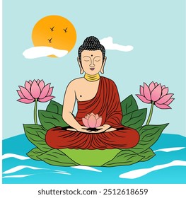 Buda meditando en un loto sobre agua tranquila, rodeado de lotos rosados, un sol brillante, pájaros y nubes en el cielo. La escena pacífica es perfecta para temas espirituales, de atención plena o de meditación.