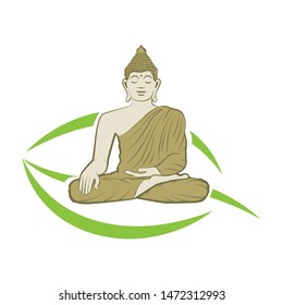 Buddha in meditating position and green leaf, vector illustration 