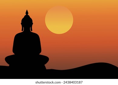 Buda meditando la silueta y la puesta de sol ilustración de fondo
