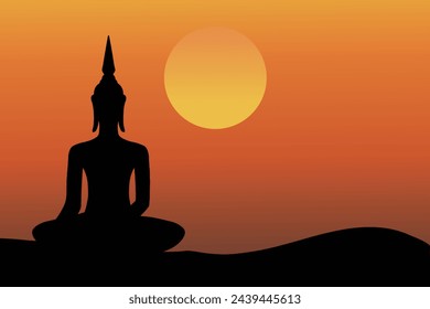 Buddha meditating silhouette and sunset background illustration