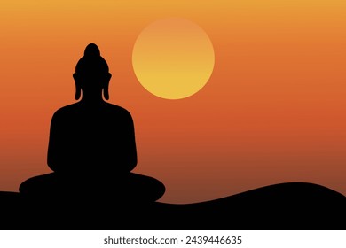 Buddha meditating silhouette and sunset background illustration