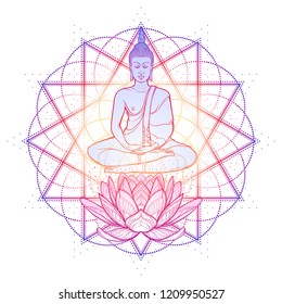 Buddha meditating in the single lotus position. Intricate hand drawing isolated on white background. Tattoo design. EPS10 vector illustration