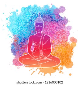 Buddha meditating in the single lotus position. linear drawing Isolated on a bright textured watercolor spot with an intricate thai ornament. Textile print, yoga background. Tattoo design. EPS10