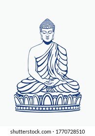 Buddha meditating sitting in Siddhasana hand drawn vector line illustration on white