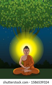 Buddha meditating under Bodhi tree at midnight
