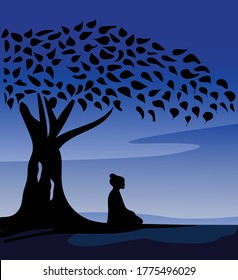 Buddha Meditating Under Tree Vector Illustration Monk Meditation