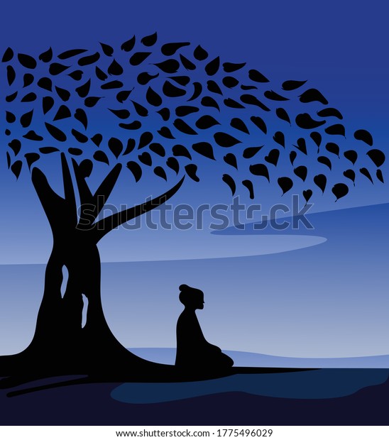 Buddha Meditating Under Tree Vector Illustration Stock Vector (Royalty ...