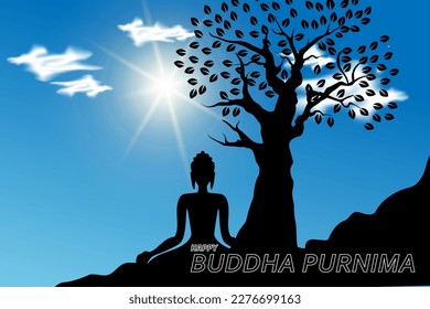 Buddha meditating under the tree, view of clear cloudy sky during the day, for Buddhist festival, Happy Buddha Purnima Vesak, poster, banner, background, print design