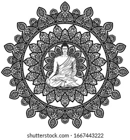 Buddha meditating. Vintage vector black on white illustration of sitting Buddha with mandala background