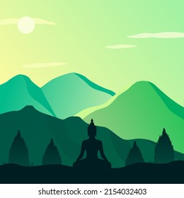 Meditación Buda detrás de templos y montañas. Ilustración vectorial de fondo del día de Vesak