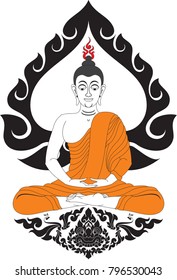 Buddha Meditation Bodhi Leaf, Swan and Giant Face. Traditional Thai and Laos Artwork Style, Designed for Artwork, Paperwork, Woodwork, Metalwork, Screen printing, Pattern