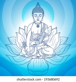 Buddha in meditation with hands and flower jug on blue background 