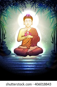 Buddha in Meditation With Lotus Flower in Tranquil Zen Garden-Transparency Blending Effects and Gradient Mesh-EPS 10.
