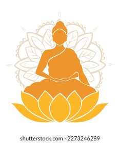 Buddha meditation in lotus. Religion. Silhouette. Yellow and orange colors. Mandala. Flat design. Icon. Print. Card. Vector illustration. White backdrop. Isolated objects.