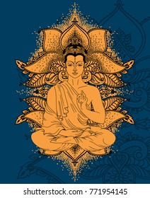 Buddha in meditation on beautiful and magical ornament formed from stylized lotus flowers, can be used as greeting card for buddha birthday, vector illustration 