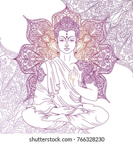 Buddha in meditation on beautiful and shining round pattern, can be used as greeting card for buddha birthday, vector illustration 