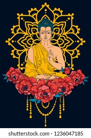 Buddha in meditation on magical mandala and peonies frame on black background, can be used as greeting card for buddha birthday, vector illustration 