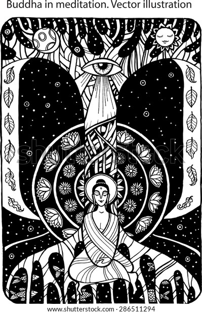 Buddha in\
meditation. Peaceful concept illustration. Hand drawn black and\
white illustration. Amazing graphics.\

