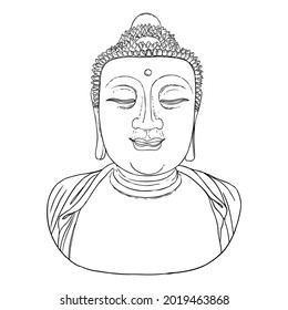 Buddha meditation and portrait. Drawing for Vesak Purnima day, traditional Buddhists holiday for Hindus. The festival of birth, enlightenment, and death of Buddha. Vector.