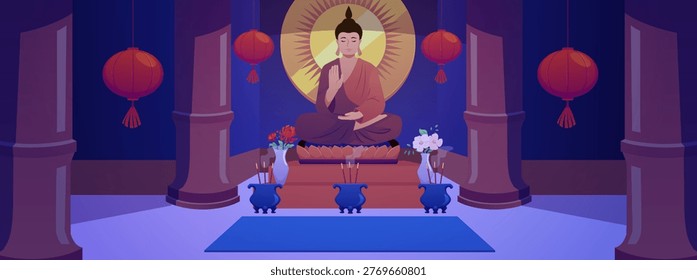 Buddha in meditation pose with raised hand. Buddhist temple interior at night. Altar worshiping Buddha, red paper lanterns, columns, flowers in vase and incense stick in dark. Vector flat illustration