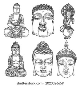 Buddha meditation set and Buddha portraits. Drawings for Vesak Purnima day, traditional Buddhists holiday for Hindus. The festival of birth, enlightenment, and death of Buddha. Vector.