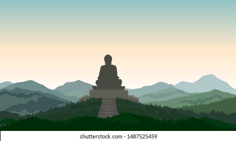 Buddha  in meditation statue silhouette on the top of the hill. Asian mountain landscape.