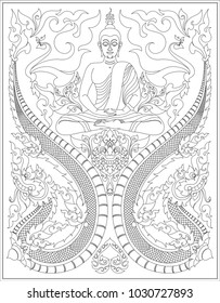 Buddha Meditation with Swirl Doodle Bodhi Leaf, Naga Head, Swan and Giant Face. Traditional Thai and Laos Artwork Style, Designed for Artwork, Paperwork, Woodwork, Metalwork, Screen printing, Pattern