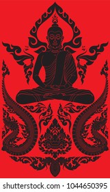 Buddha Meditation with Swirl Doodle Bodhi Leaf Naga Swan and Giant Face Traditional Thai and Laos Artwork Four Element Concept Designed for Artwork Pattern Tattoo Wallpaper Background Backdrop Texture