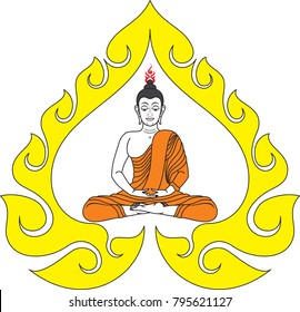 Buddha Meditation in Swirl Doodle Bodhi Leaf, Thai and Laos Traditional Artwork Style, Designed for Artwork, Wallpaper, Background, Woodwork, Metalwork, Screen printing, Stencil, Paperwork, Tattoo