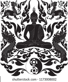 Buddha Meditation with Swirl Doodle Naga Head Bird Lion and Yin Yang Symbol. Traditional Thai and Laos Artwork Style, Designed for Artwork, Paperwork, Woodwork, Metalwork, Screen printing, Pattern