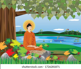 The Buddha meditation under the tree vector design,in front of the river