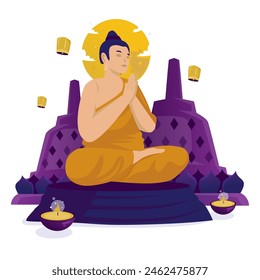 Buddha in meditation worship, Happy Vesak day, Temple background, Vector illustration