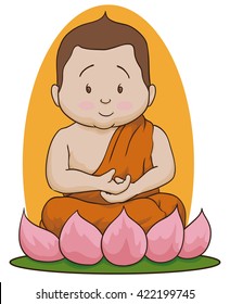 Buddha in meditative position sit in a lotus flower in white background.