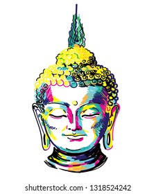 Buddha. Multicolored stylish pattern. Buddha head Yoga, Nirvana print.