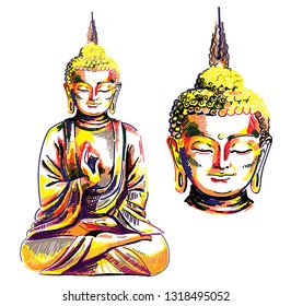 Buddha. Multicolored stylish pattern. Buddha sitting cross-legged. Yoga, Nirvana print.